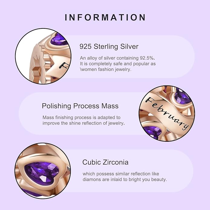 NINGAN Birthstone Charms 925 Sterling Silver Love Heart Openwork Bead for Charm Bracelets and Necklaces with 5A Cubic Zirconia, Birthday Mothers Day Jewelry Gifts Women