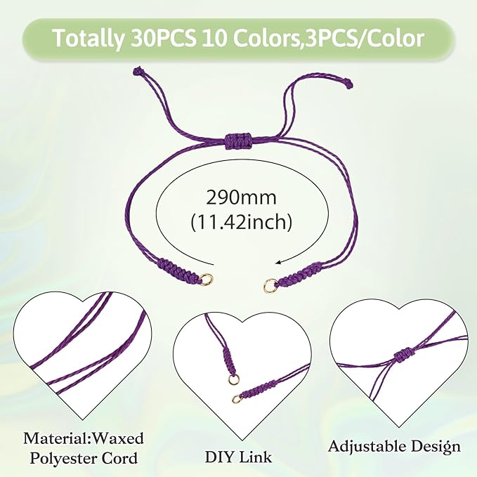 30Pcs Braided Adjustable Cord for Bracelet,Waxed Polyester Cord,Semi Finished Friendship Bracelet String,Adjustable Bracelet Knot Rope Handmade Braid String for Jewelry Making DIY Craft