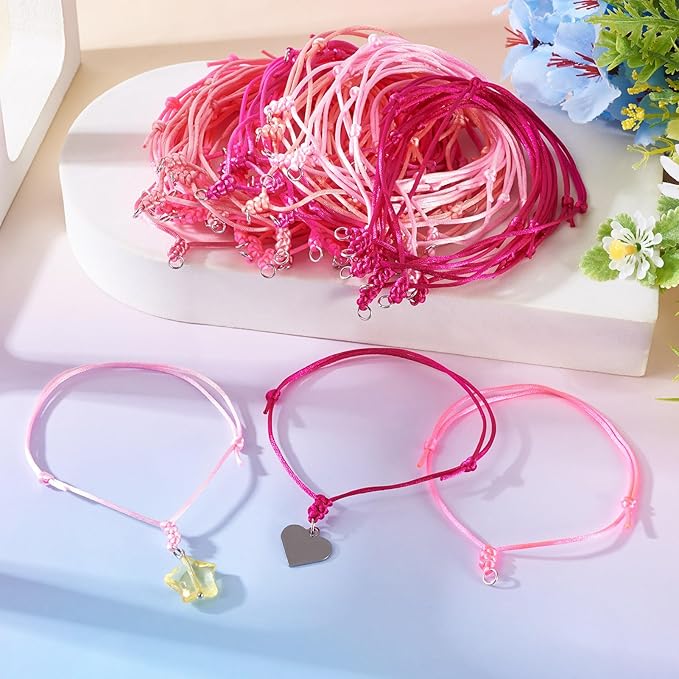 80Pcs Adjustable Braided Cord Colorful Waxed Thread Half Finished Bracelet with Jump Rings Knotting Bracelet Ropes for Wrist DIY Women Jewelry Friendship Bangle Decor 8.5-16cm Long-Pink