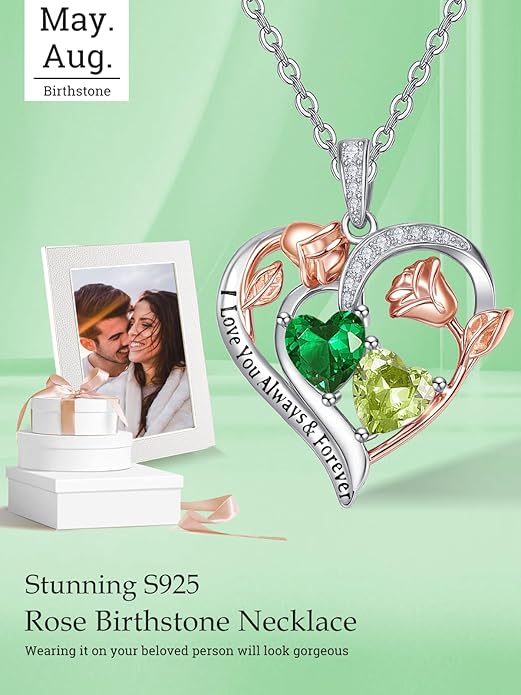 Valentine's Day Gifts for Wife 925 Sterling Silver Double Birthstone Pendant Necklaces I Love You for Always and Forever Necklace Anniversary Birthday Gifts for Wife Girlfriend Mom Her
