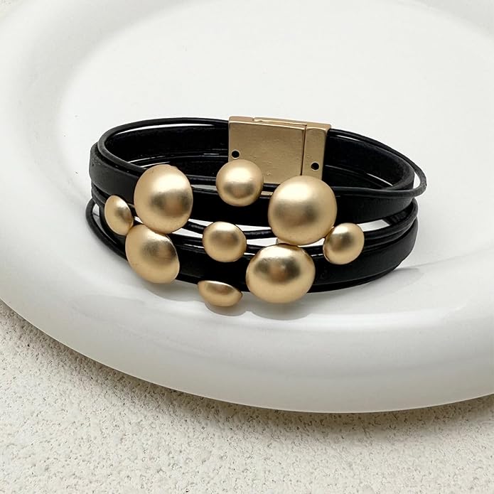 Leather Bracelet for Women Black Wrap Bangle Gold Infinity Bow-knot Bead Heart Bracelet Chunky Layered Bracelets for Women Trendy