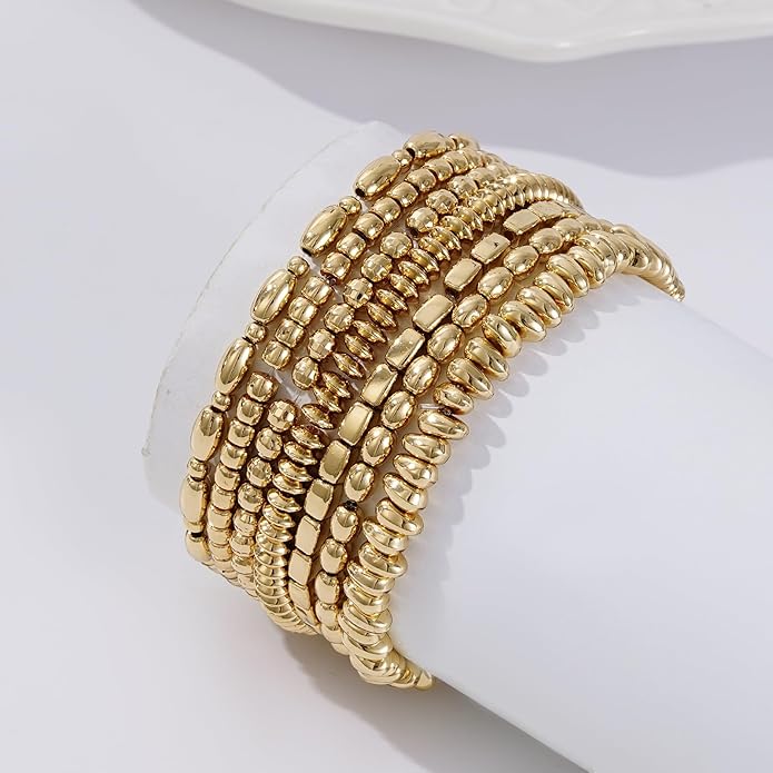 Gold Plated Beaded Bracelets for Women Trendy, 14K Gold Plated Stack Cross Pearl Gold Plated Bead Stretch Bracelets Set Elastic Hypoallergenic Bracelets Jewelry Gifts