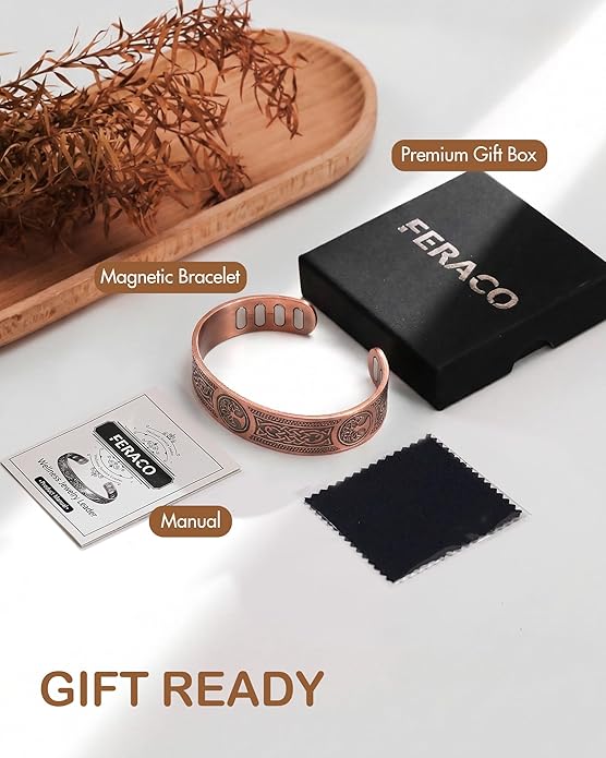 Feraco Copper Bracelet for Men, 5X Ultra Strength Magnetic Cuff Bangle with 5000 Gauss Neodymium Magnets, 99.99% Pure Copper Jewelry Gift, Adjustable