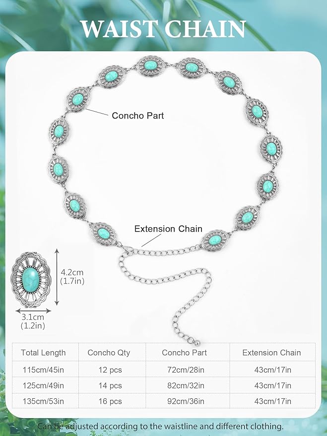 FIORETTO Metal Waist Chain Link Belt for Women Western Cowgirl Boho Turquoise Belts for Dress Jeans Country Concert Outfit