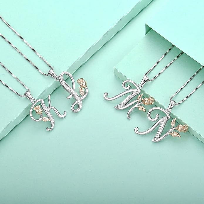 STARCHENIE Initial Necklace for Women Sterling Silver Letters 26 Alphabet Pendant Rose Flower Jewelry Gifts for Family Sisters Friend