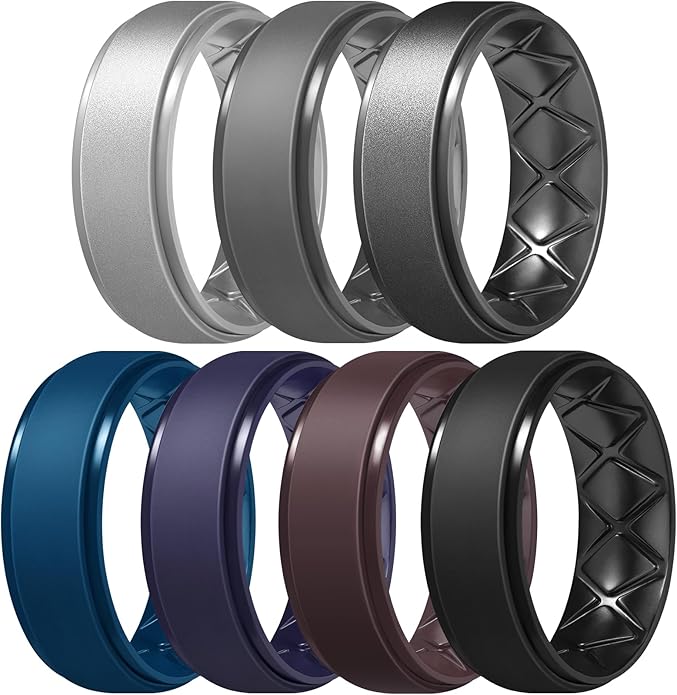 Egnaro Men's Rings 8.5mm Wide-2mm Thick Inner Arc Ergonomic Breathable Rubber Wedding bands-Hypoallergenic for Gym/Outdoor/Gift((1-7 Variety Pack with Half Size)