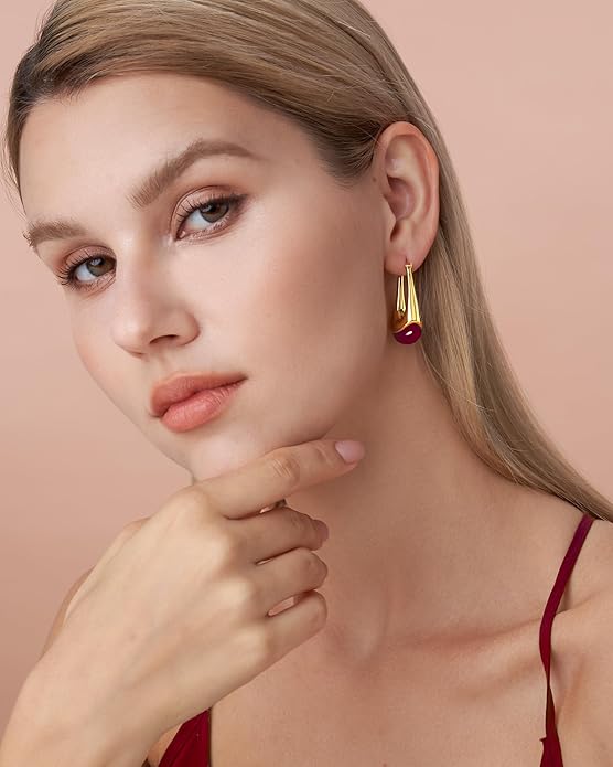Long Oval Chunky Dangle 18K gold plated Hoops with Colored Resin Gemstone Statement Earrings for Women by SNGIA, (Green, Brown, Blue, Pink, White, Cream), Bold Drop Handmade Exaggerated Irregular Trendy Bohemian Jewelry Gifts, Unique Dangling Teardrop ...