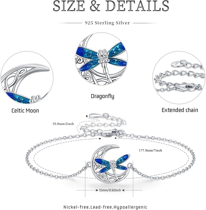 Dragonfly Bracelet 925 Sterling Silver Butterfly Bracelet Adjustable Celtic Moon Bracelet Irish Celtic Jewelry Gifts for Women