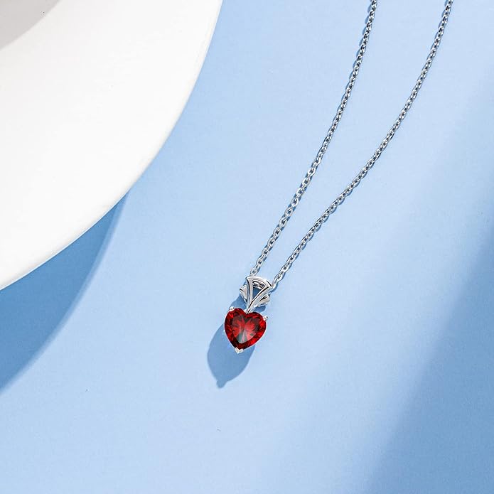 Agvana Valentines Day Gifts 14K White Gold Gemstone Pendant with Sterling Silver Chain 8mm Heart Birthstone Necklace for Women Fine Jewelry Anniversary Birthday Gifts for Women Mom Wife Girlfriend Her