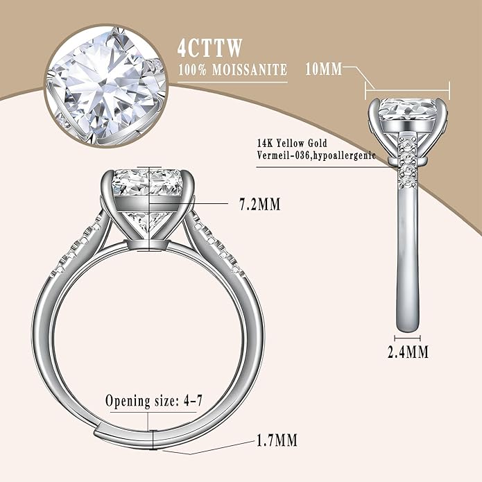 Engagement Rings for Women, Wedding Band for Women，Brilliant D Color VVS1 Clarity Lab Created Rings 14K White Gold Vermeil Ring for Women Jewelry Gifts Adjustable Ring 4-10