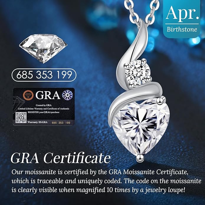 ANDSO Valentine's Day Gift Moissanite Heart Pendant Necklaces for Women, 925 Sterling Silver Necklace with Birthstone, Ideal Anniversary Present or Birthday Jewelry Gifts for Mom Wife Her Girlfriend