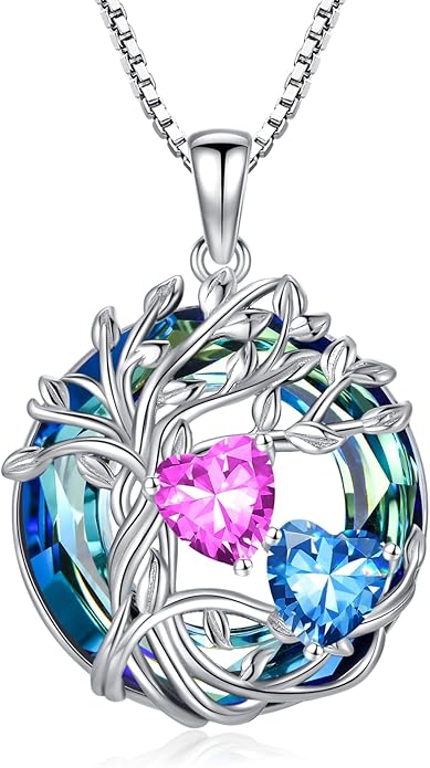 TOUPOP s925 Sterling Silver Family Celtic Tree of Life Pendant Necklaces with 2 Heart Birthstone with Blue Austrian Crystal Jewelry Birthday Valentines Day Gifts for Her, Anniversary Christmas Gifts for Wife Girlfriend Mom (18K Real White Gold Filled)
