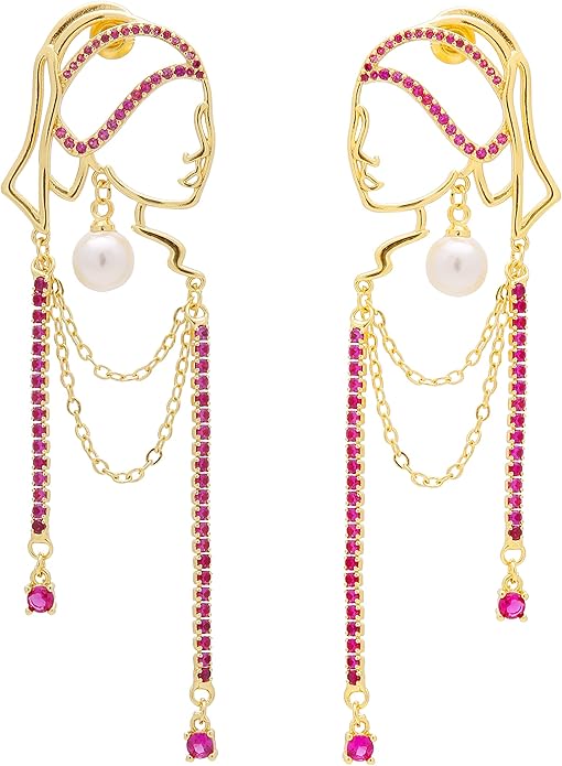 Unique Abstract Face Art | Dangle Statement Long Earrings for Women | Rhinestone Tassel Handmade Chandelier Earrings