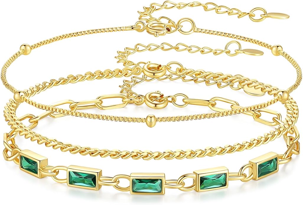 Gold Birthstone Bracelet for Women, 18K Gold Plated Layered Jewelry Bracelet Set, Womens Dainty Stackable Bracelets Link Paperclip Chain Valentines Day Gift for Wife Her