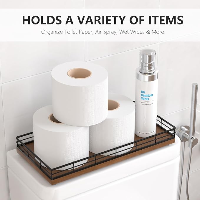 Toilet Paper Basket Organizer, Oak Wood Toilet Tank Tray - Image 2