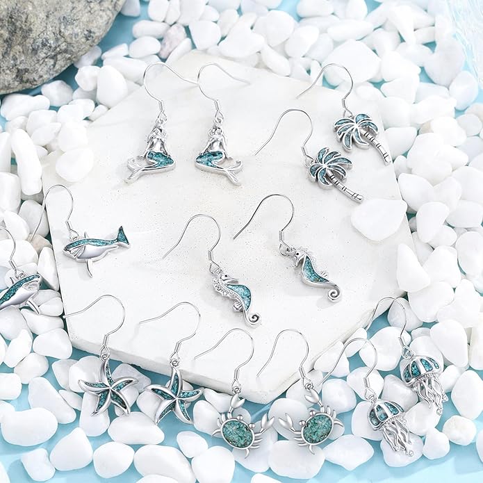 Ocean Earrings 925 Sterling Silver Turquoise Sea Animal Dangle Drop Earrings Beach Themed Jewelry Gifts for Women Girls