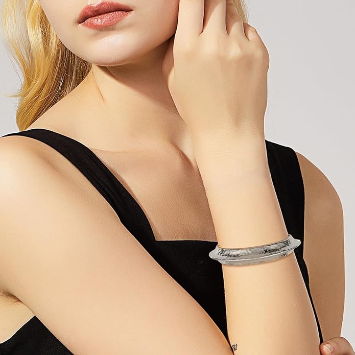 HZMAN 18K Gold Plated Wide Cuff Bracelet for Women - Premium Alloy Shiny Polished Double Layer Statement Bangle, Trendy Daily Wear Party Jewelry Accessory