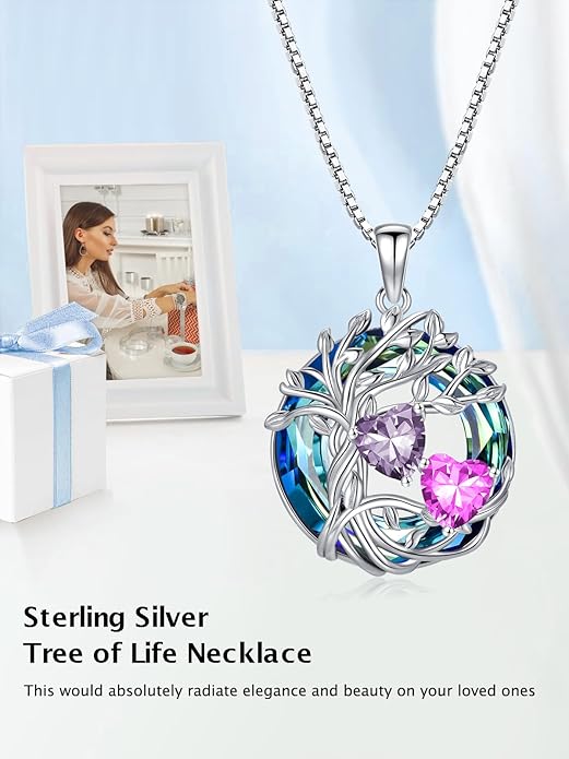 TOUPOP s925 Sterling Silver Family Celtic Tree of Life Pendant Necklaces with 2 Heart Birthstone with Blue Austrian Crystal Jewelry Birthday Valentines Day Gifts for Her, Anniversary Christmas Gifts for Wife Girlfriend Mom (18K Real White Gold Filled)