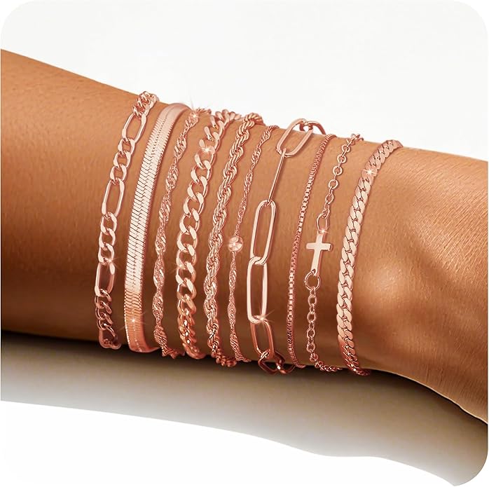 XIANNVXI 10pcs Rose Gold/Gold/Silver Bracelets Stack for Women Dainty Thin Rose Gold Bracelets Set Silver Chain Bracelet Paper Clip Stackable Figaro Herringbone Paperclip Bracelet Pack for Womens