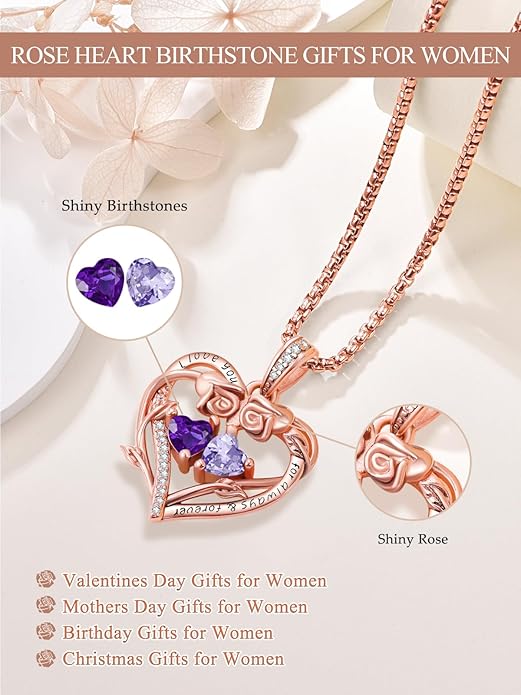 Rose Heart Necklaces for Women, Rose Gold Forever Love Jewelry with 2 Birthstones Pendant,Valentines Anniversarry Birthday Gifts for Her Wife Mom Grandma Daughter, 18+2 Inch Chain