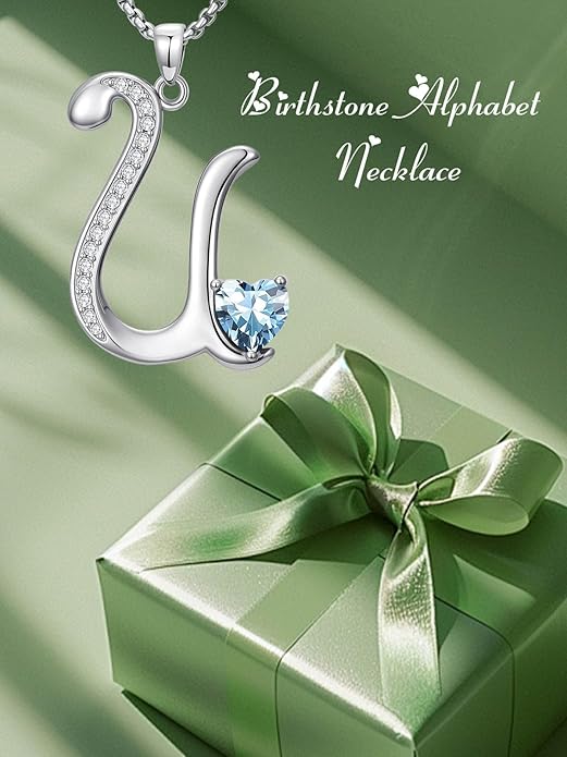 Valentines Day Gifts for Women Alphabet A to Z Initial Birthstone Pendant Necklaces for Women - 18k White Gold Plated Personalized Name Jewelry Valentine Mothers Day Birthday Gifts for Women Her Girlfriend