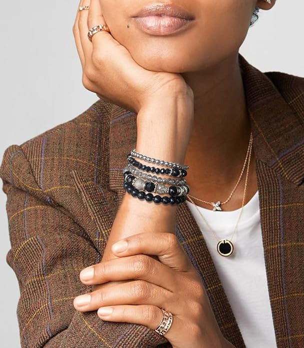 Noessla Beaded Pearl Stretch Bracelet Silver Stackable Crystal Beads Bracelets Trendy Costume Jewelry Mothers Day Gifts for Women