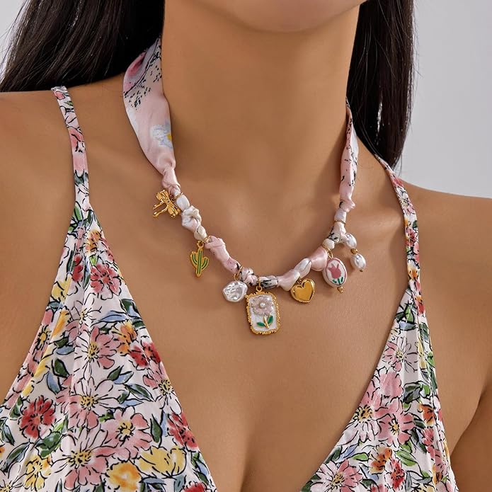 RINHOO FRIENDSHIP Silk Scarf Necklace for Women - Adjustable Boho Vintage Bandana Choker with 18K Non-Tarnish Gold Charms (Assorted Pendants & Patterns) Layered Jewelry Gift Box