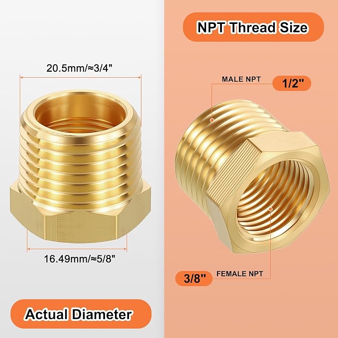 6 Pack Male to FeMale Adapters, 1/2" NTP Male x 3/8" NTP Female Brass Hex - Image 2