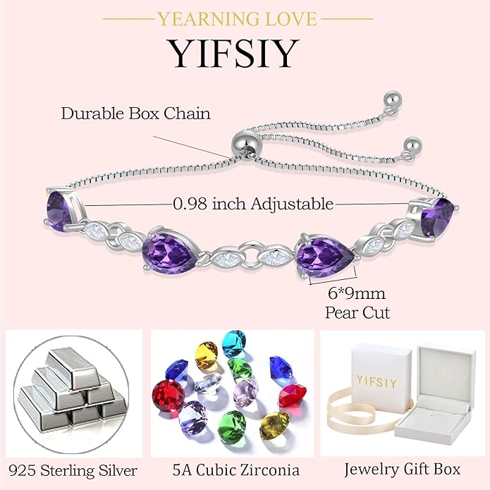 Teardrop Birthstone Bracelet for Women, S925 Sterling Silver Pear Cut Cubic Zirconia Bracelet Dainty Adjustable Chain Jewelry Gift for Her