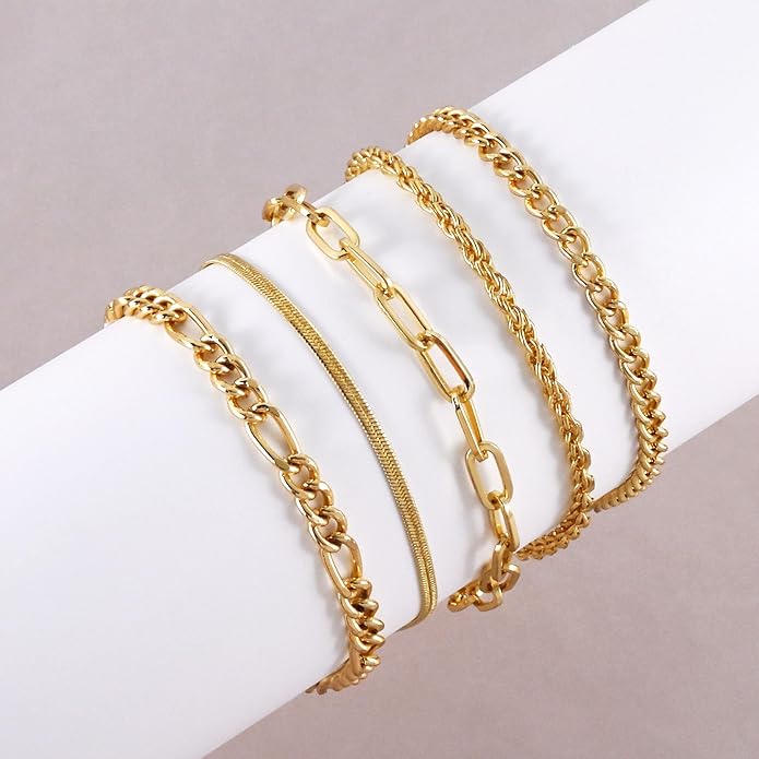 VIBILIA Dainty Gold Chain Bracelet for Women Trendy Stackable Adjustable Layered Metal Bracelet Gold Plated Twist Link Figaro Chain Paperclip Bracelets Fashion Jewelry