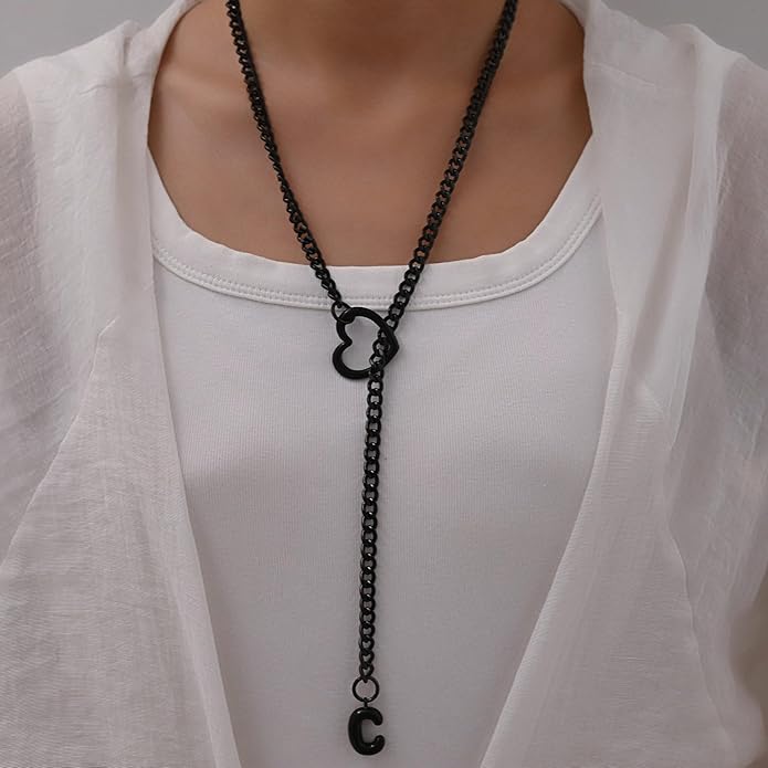 Black Heart Slip Chain Initial Necklaces for Women,Stainless Steel O-Ring Adjustable Lariat Heart Y-Necklace,Punk Gothic Cuban Collar Choker Necklace for women