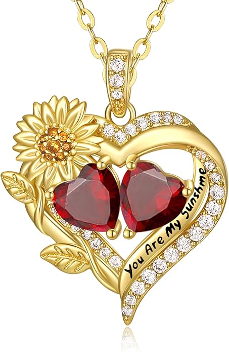 Sunflower Heart Necklace for Women 14K Gold Exquisite Valentines Day Anniversary Birthday Gifts for Wife Mother Her Double Birthstone Pendant Jewelry‘You Are My Sunshine’