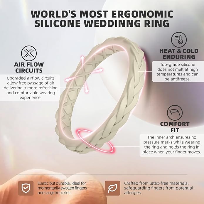 Egnaro Women's Wedding Bands, Silicone Thin and Stackable Rubber Engagement Ring, Variety Multipack With Breathable Grooves Workout Accessories