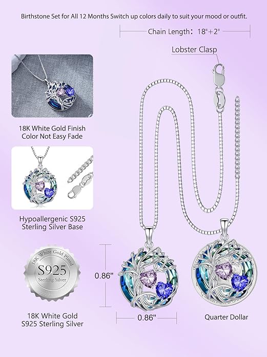 TOUPOP s925 Sterling Silver Family Celtic Tree of Life Pendant Necklaces with 2 Heart Birthstone with Blue Austrian Crystal Jewelry Birthday Valentines Day Gifts for Her, Anniversary Christmas Gifts for Wife Girlfriend Mom (18K Real White Gold Filled)