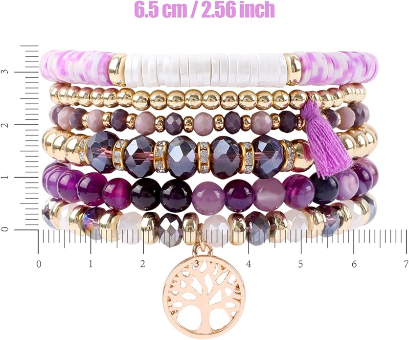 Bohemian Colorful Beaded Bracelets for Women Boho Stackable Natural Stone Letter Clay Glass Beads Stretch Bracelet Set with Charm, Cute Rainbow Friendship Bracelets for Summer Vacation