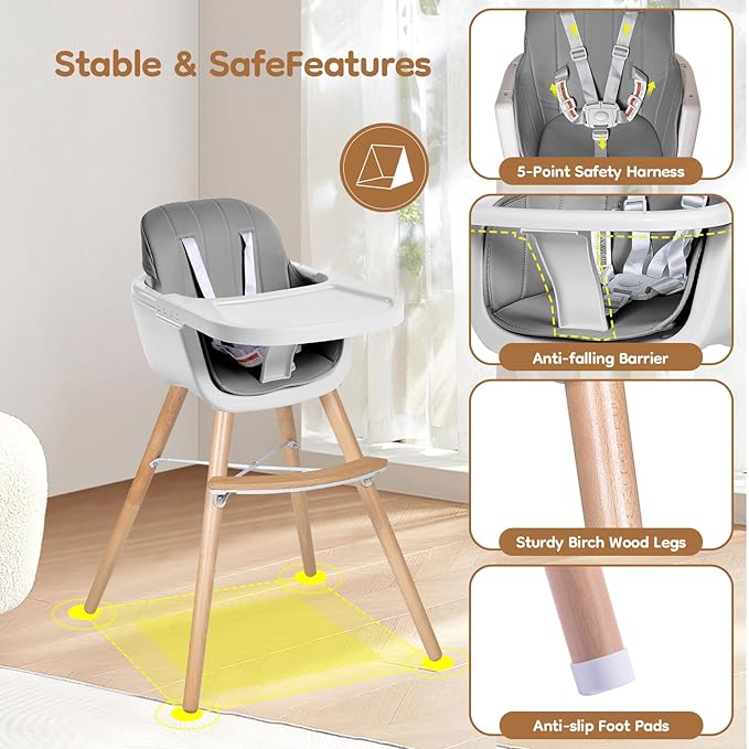 High Chairs for Babies and Toddlers,3 in 1 Convertible Wooden highchair, Baby High Chair with Adjustable Legs,5 Point Harness, Footrest, Dishwasher-Safe Tray & PU Leather Cushion, Gray