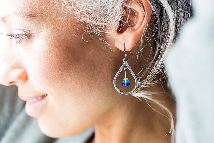 DANFORTH - Gloria Ocean Earrings, Green Blue & Pewter Teardrop Shaped Dangling Ear Jewelry, Unique Accessories for Women, 1 ⅜” High Plus Surgical Steel Wire, Made In USA