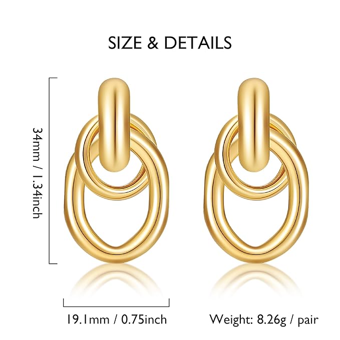 Chunky Gold/Silver Earrings for Women Knot Link Circle Statement Geometric Drop Dangle Earrings Studs Trendy Jewelry (Oval-Knot Earrings)