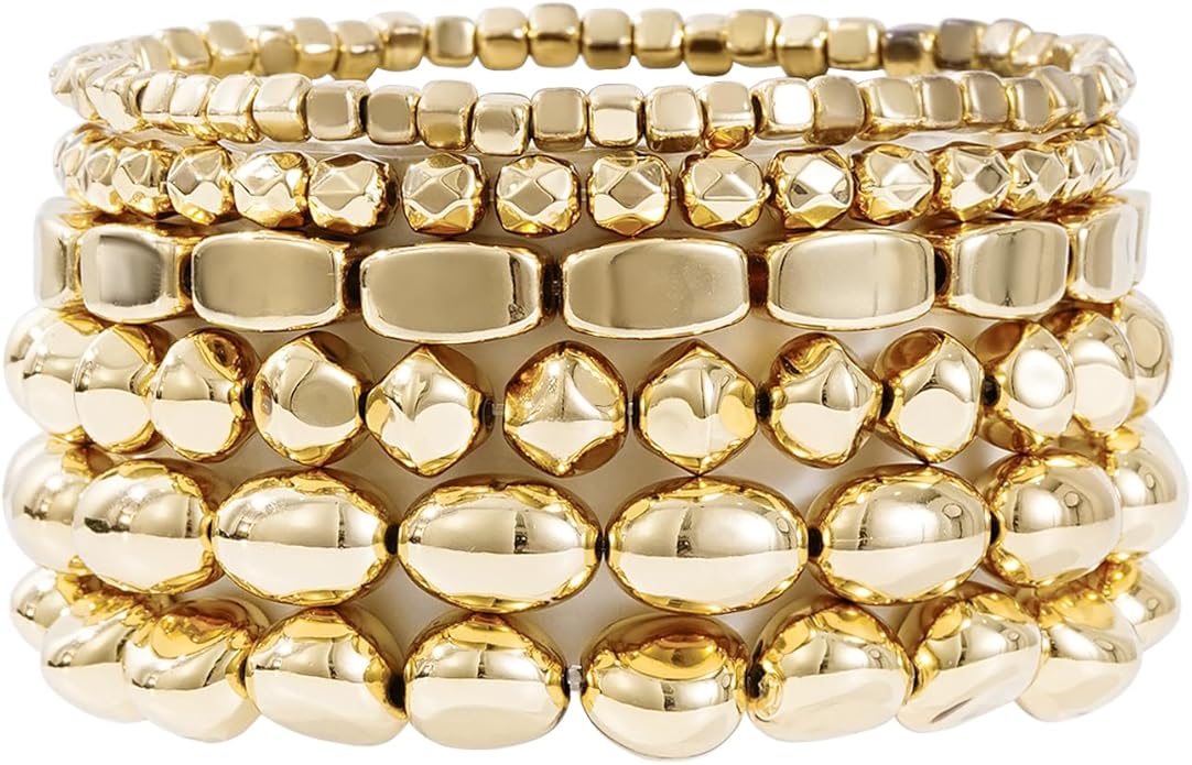 Gold Plated Beaded Bracelets for Women Trendy, 14K Gold Plated Stack Cross Pearl Gold Plated Bead Stretch Bracelets Set Elastic Hypoallergenic Bracelets Jewelry Gifts
