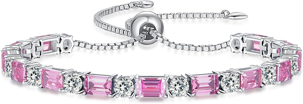 Birthstone Tennis Bracelets for Women White Gold Sterling Silver Gemstone Bracelets Adjustable Chain 6-9 Inchs Jewelry Anniversary Birthday Gifts for Women Mom Wife Her