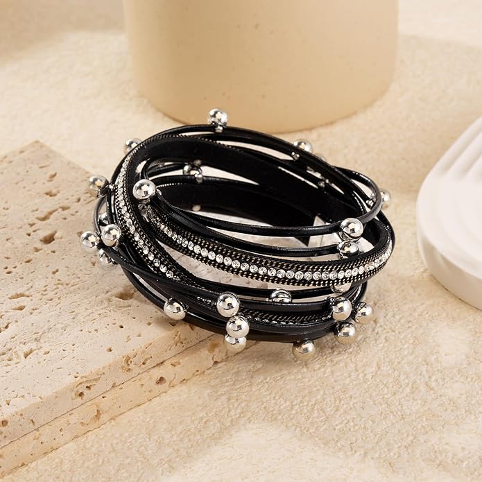 Wrapped Bracelets for Women,Leather Bracelet,Boho Bracelets for Women,Multi-Layer Pearl Crystal Bracelet Bangle Jewelry