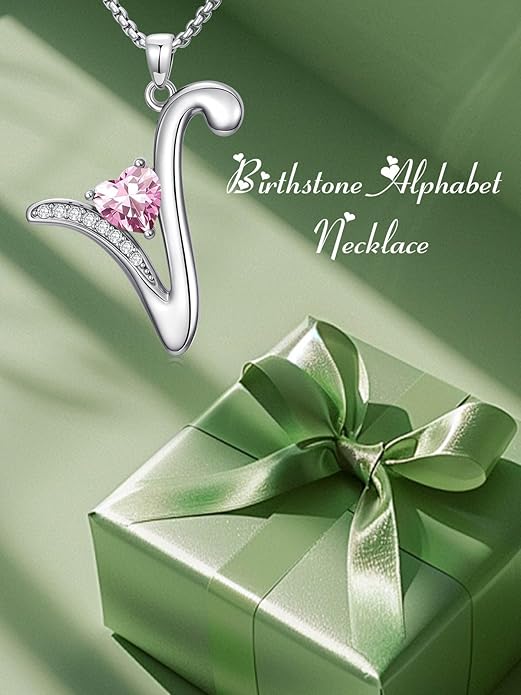 Valentines Day Gifts for Women Alphabet A to Z Initial Birthstone Pendant Necklaces for Women - 18k White Gold Plated Personalized Name Jewelry Valentine Mothers Day Birthday Gifts for Women Her Girlfriend