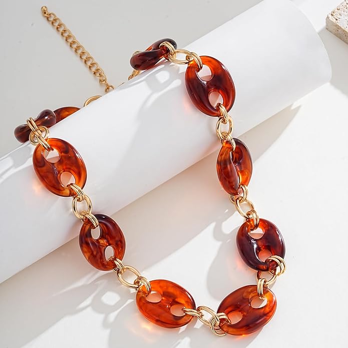 Acrylic Choker Necklace for Women 14K Gold Plated Statement Necklace Bold Brown Resin Chokers Vintage Jewelry Gifts