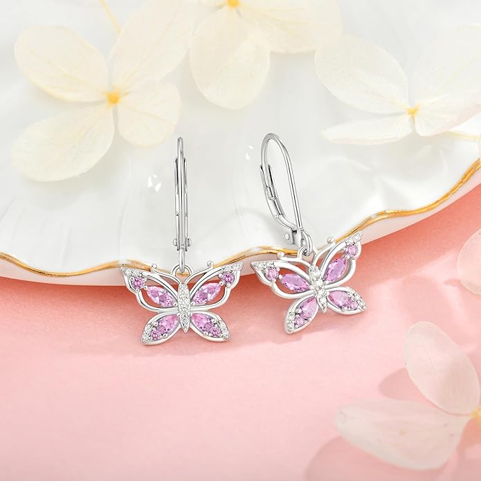 Women's Butterfly Leverback Dangle Earrings 925 Sterling Silver 5A Cubic Zirconia Jewelry for Valentine Mother's Day Birthday Gifts for Her