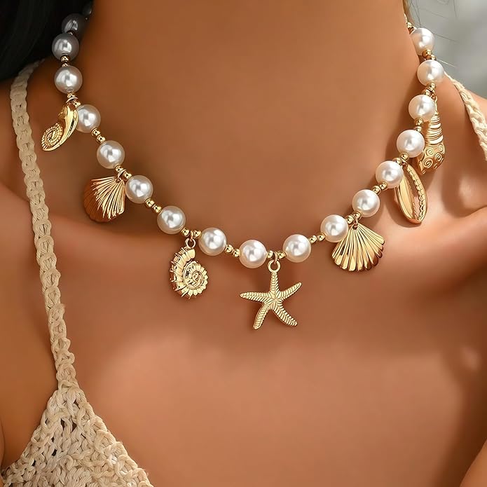 Shell Starfish Necklace for Women, 14k Gold Plated Boho Layered Beaded Charm Pendant Necklace, Dainty Adjustable Pearl Conch Summer Beach Vacation Jewelry Gifts