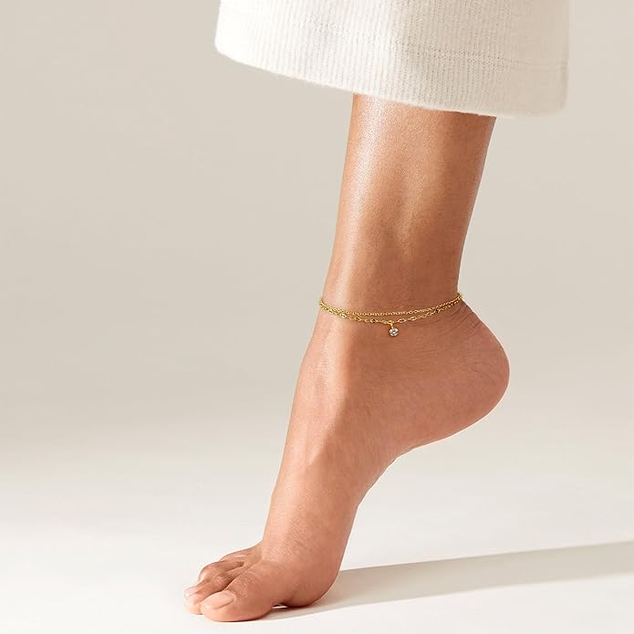 JINEAR Gold Ankle Bracelets for Women，14K Gold Plated Waterproof Chain Herringbone Layered Beaded Anklets Adjustable Summer Beach Jewelry Gift for Women
