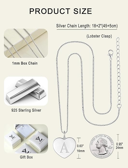 YL Initial Necklace 925 Sterling Silver Square/Round/Heart Letter Pendant A-Z Alphabet Polished Jewelry for Women