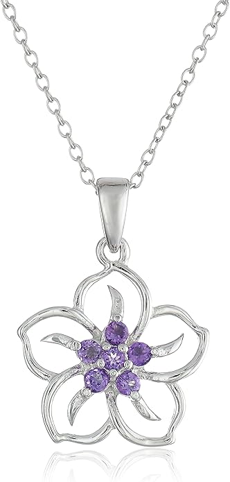 Amazon Collection Genuine or Created Gemstone Birthstone Flower Pendant Necklace with Chain in Sterling Silver, 18"