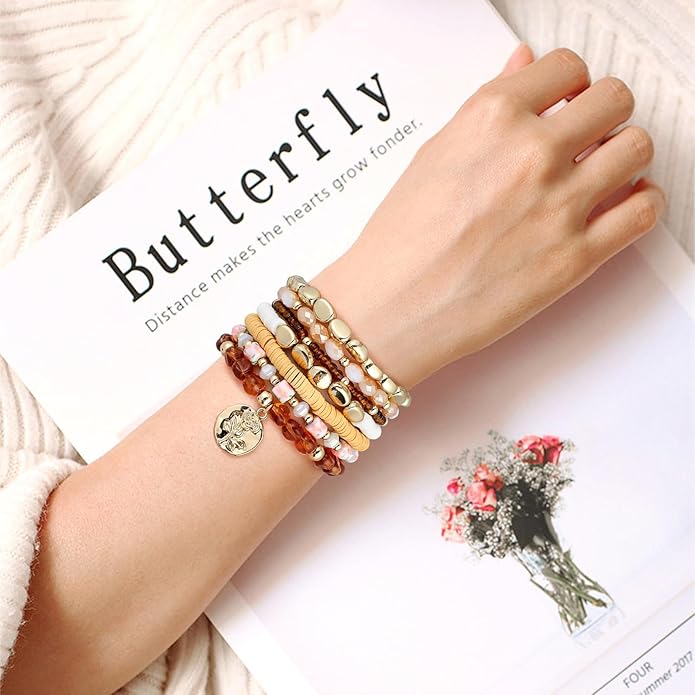 GOOJIDS Surfer Heishi Clay Bead Bracelets for Women Bohemian Stackable Gold Plated Beaded Stretch Bracelets Elastic Layering Friendship Bracelets Set Boho Jewelry