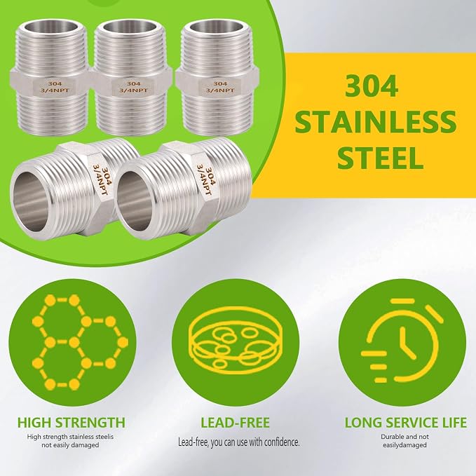 2PCS Hex Nipple 3/4" x 3/4" Male Pipe Fittings, 304 Stainless Steel 3/4 inch - Image 6